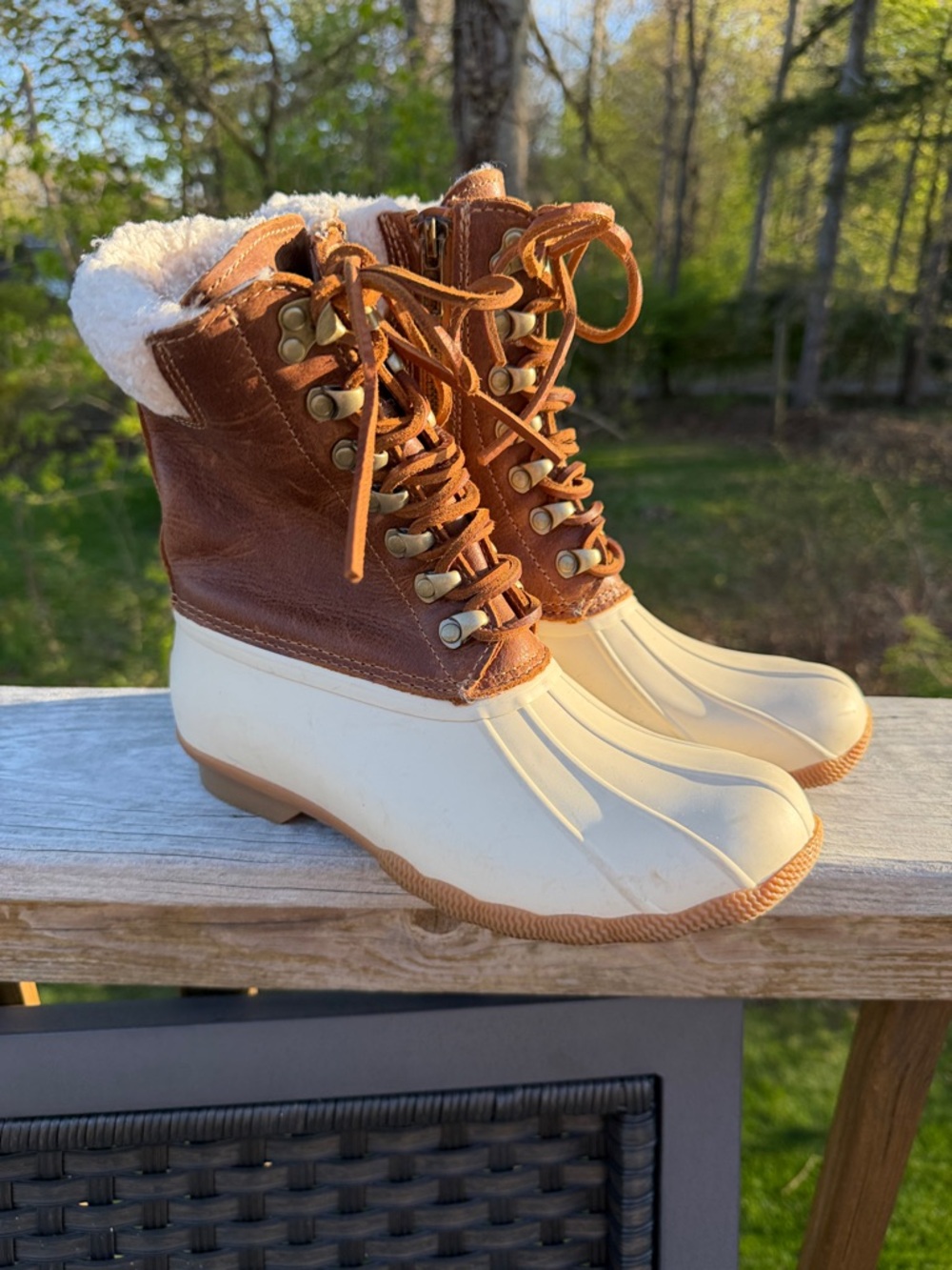 Sperry Brown Leather and Cream Waterproof Duck Boots with Shearling Cuff